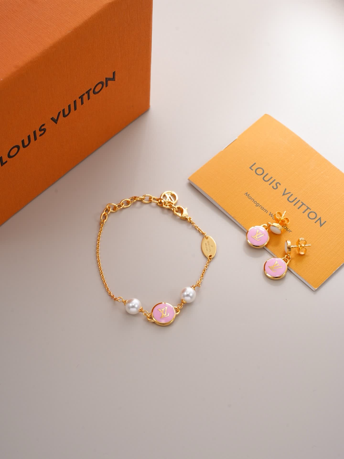Louis Vuitton Pink Enamel Logo Bracelet with Pearls